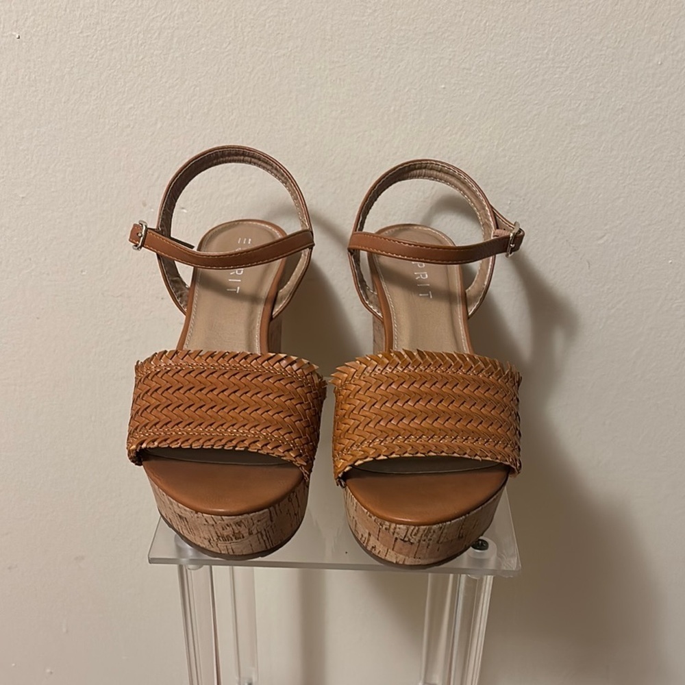 Esprit Brown Leather Sandals with Woven Detail